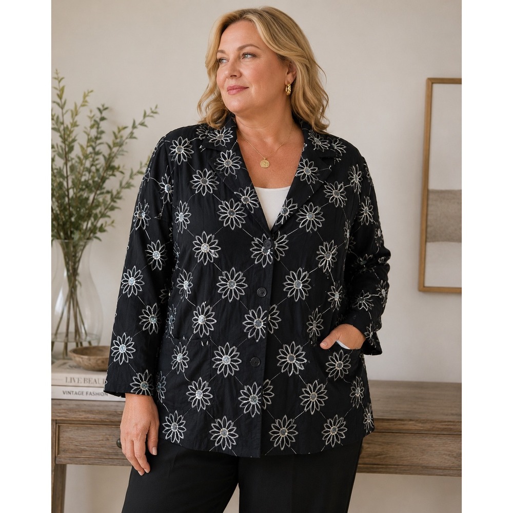 Vintage Womens 3X Black Floral Embroidered Sequin Blazer Button Up Cotton Jacket